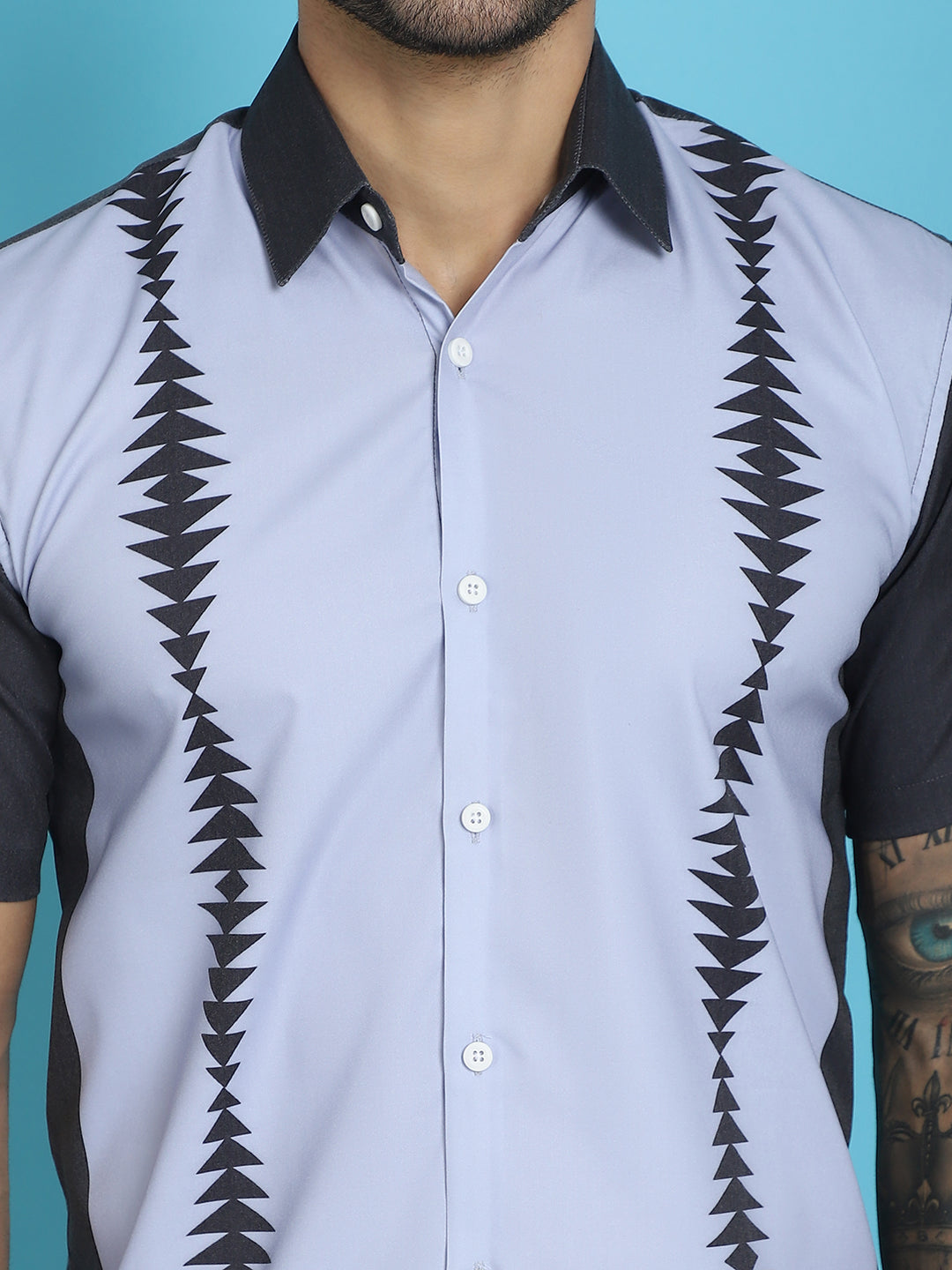 Indian Needle Men's Printed Half Sleeve Lycra Shirt - Sky Blue | Grocsy