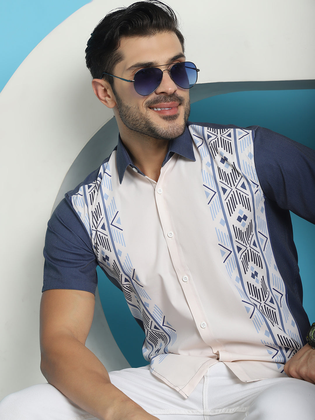 Indian Needle Men's Printed Half Sleeve Lycra Shirt - White | Grocsy