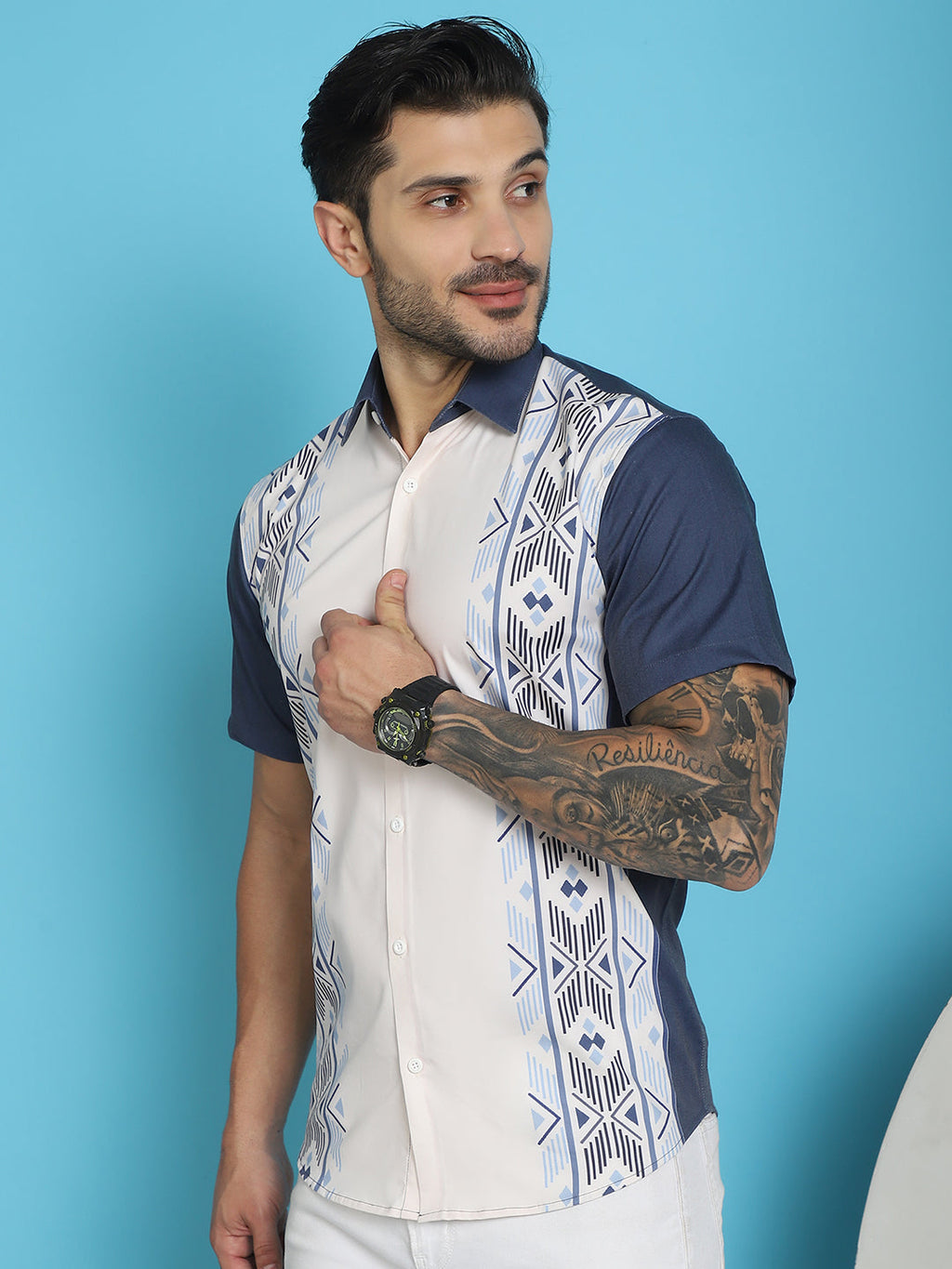 Indian Needle Men's Printed Half Sleeve Lycra Shirt - White | Grocsy