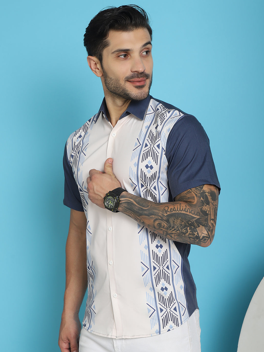 Indian Needle Men's Printed Half Sleeve Lycra Shirt - White | Grocsy