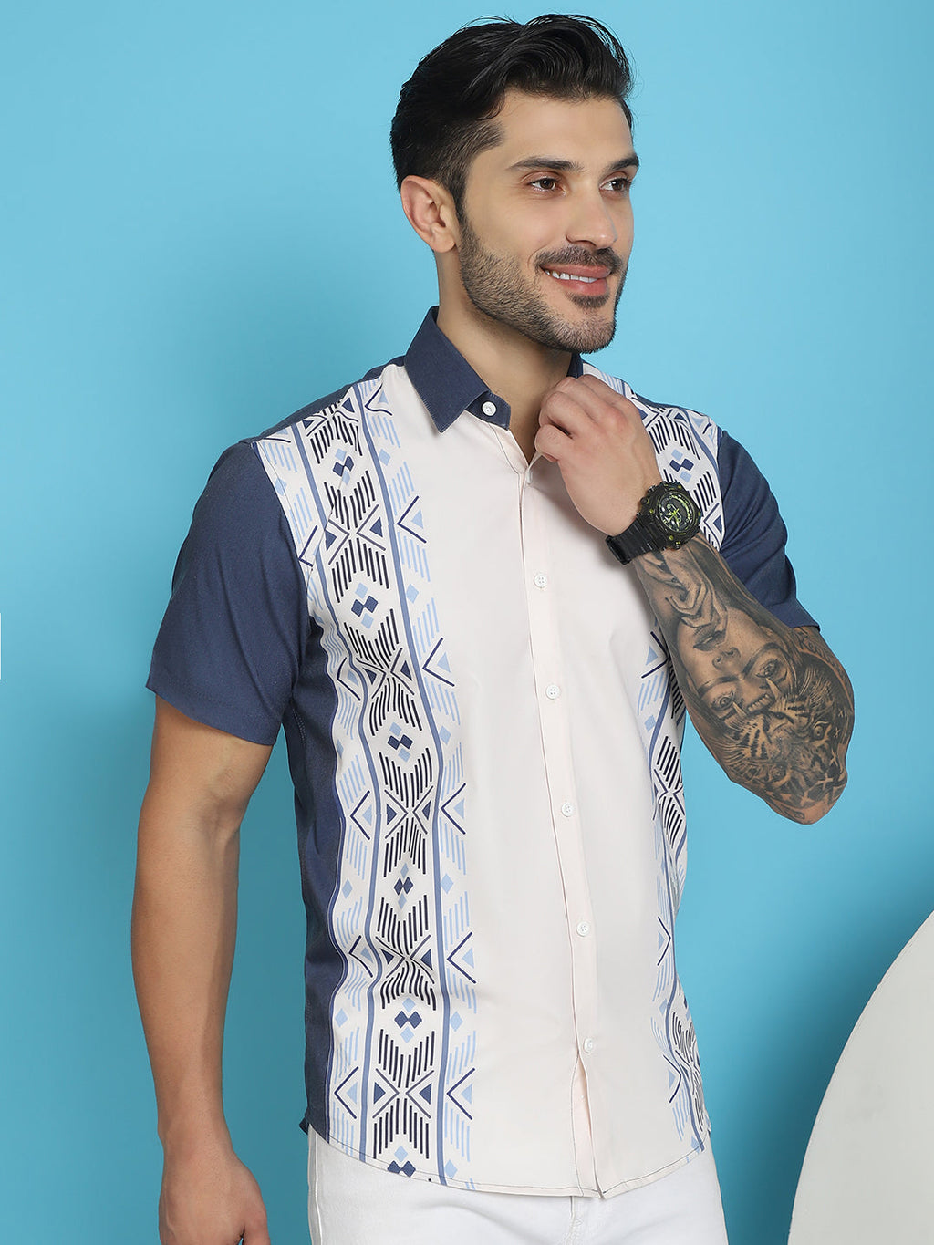 Indian Needle Men's Printed Half Sleeve Lycra Shirt - White | Grocsy