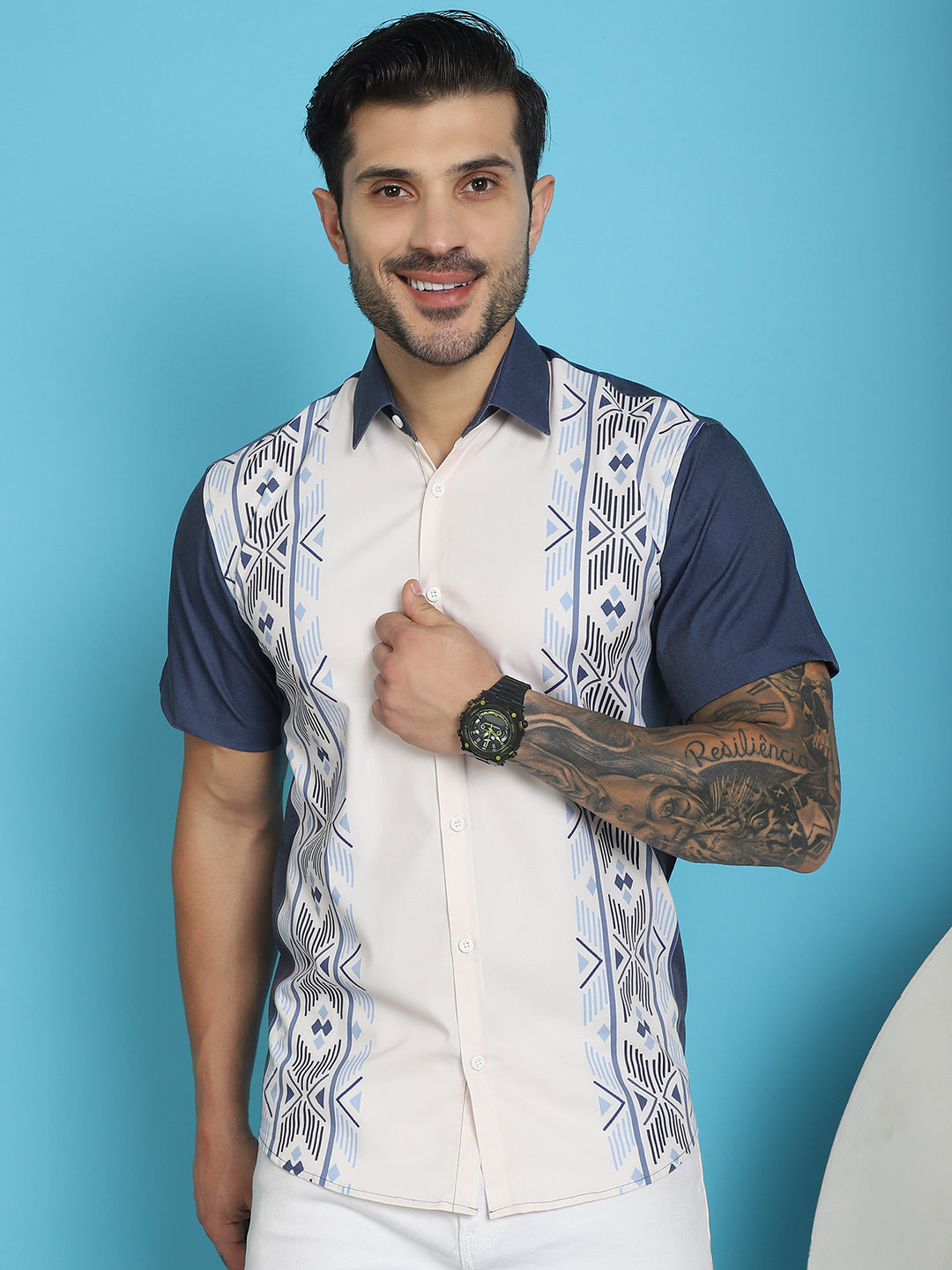 Indian Needle Men's Printed Half Sleeve Lycra Shirt - White | Grocsy