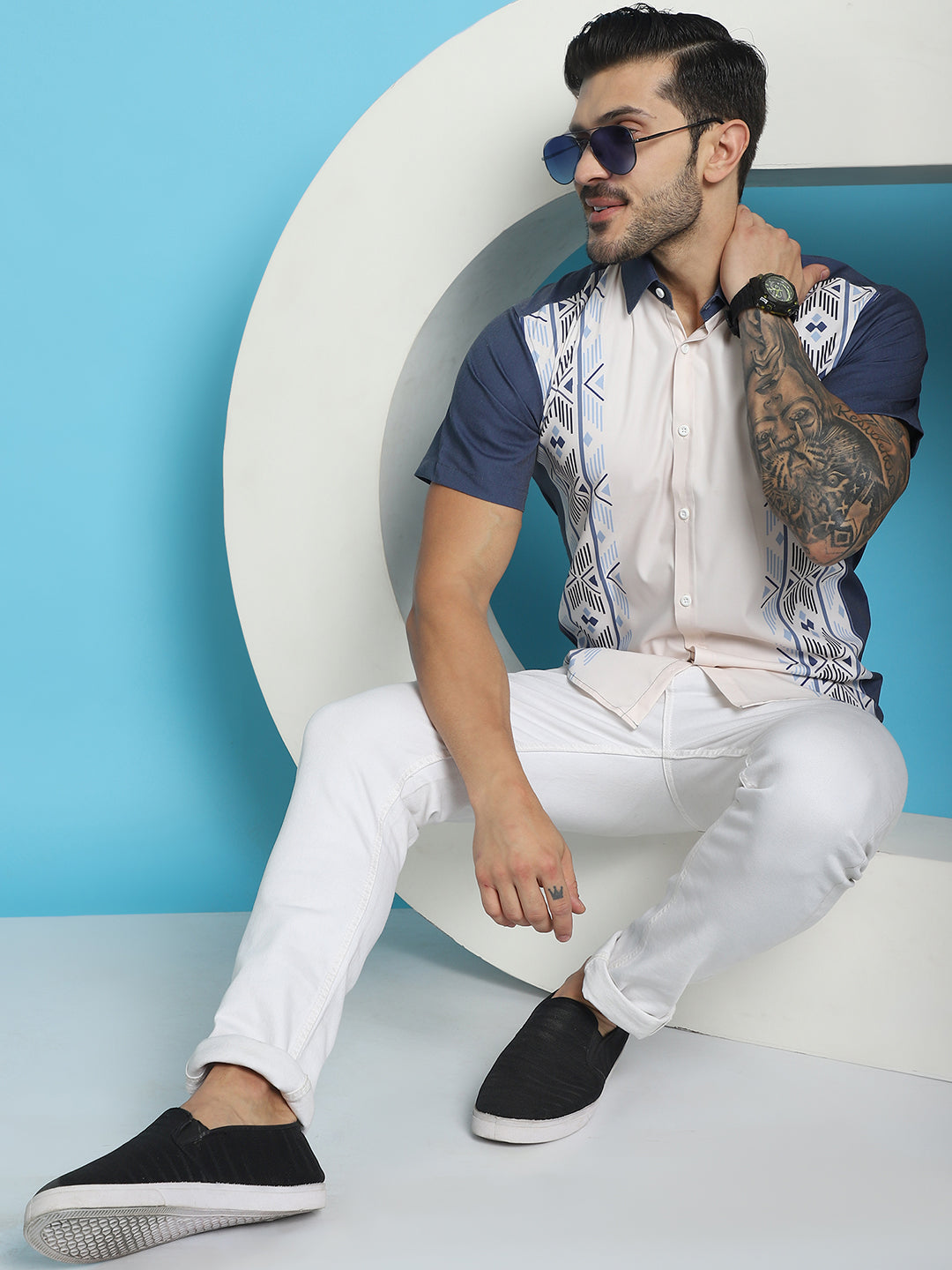 Indian Needle Men's Printed Half Sleeve Lycra Shirt - White | Grocsy