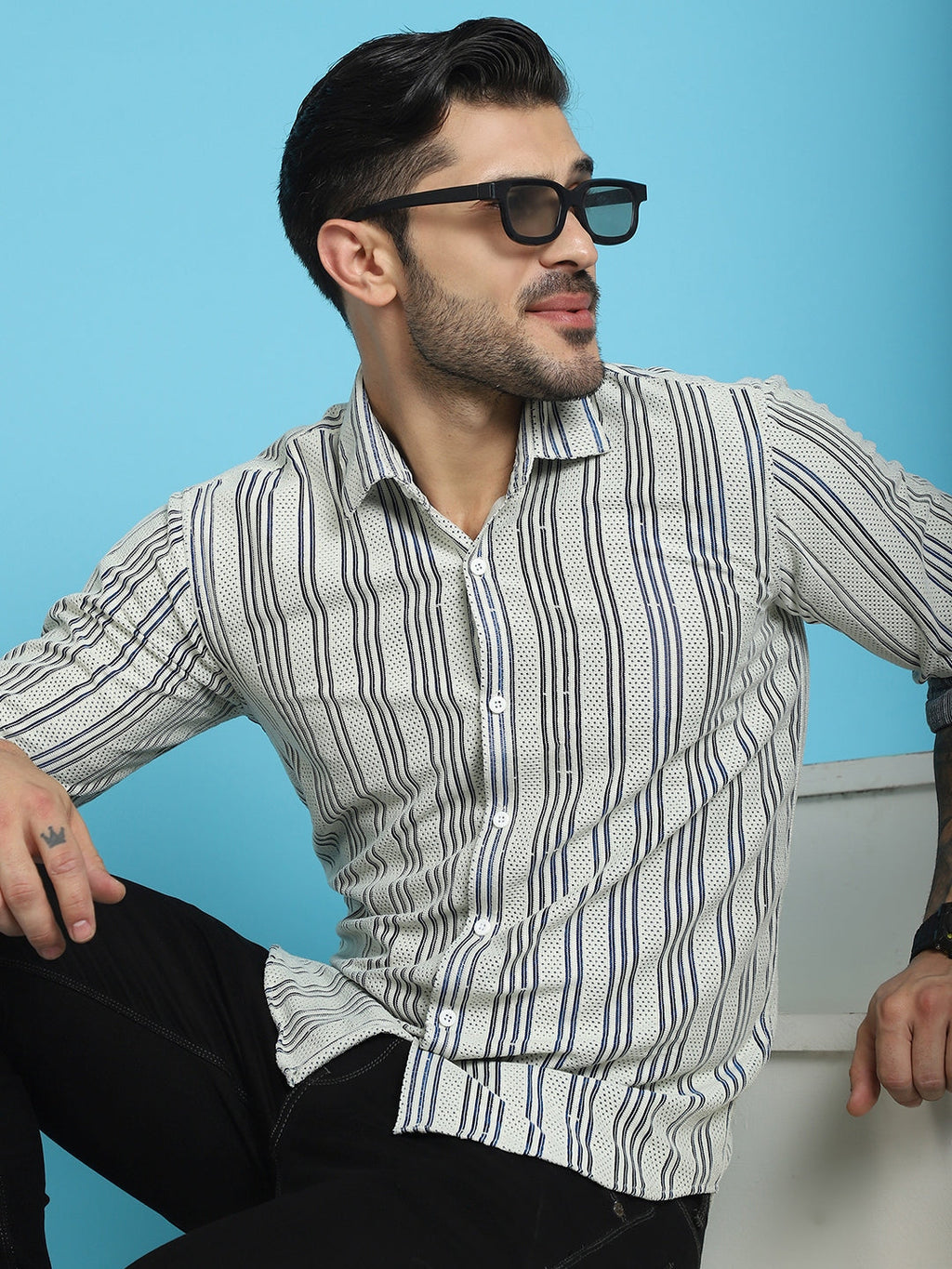 Indian Needle Men's Woven Design Cotton Shirt - Blue | Grocsy