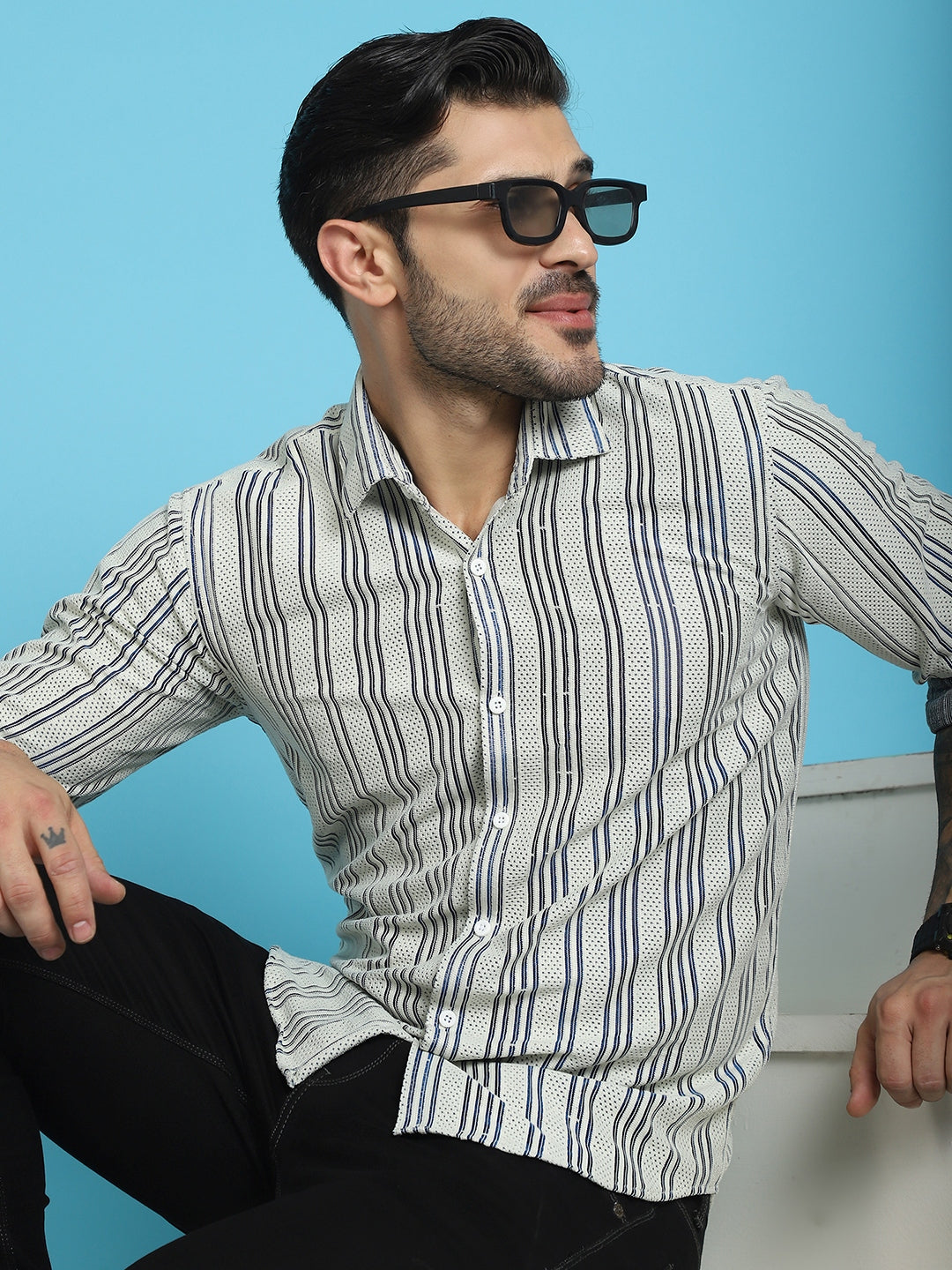 Indian Needle Men's Woven Design Cotton Shirt - Blue | Grocsy