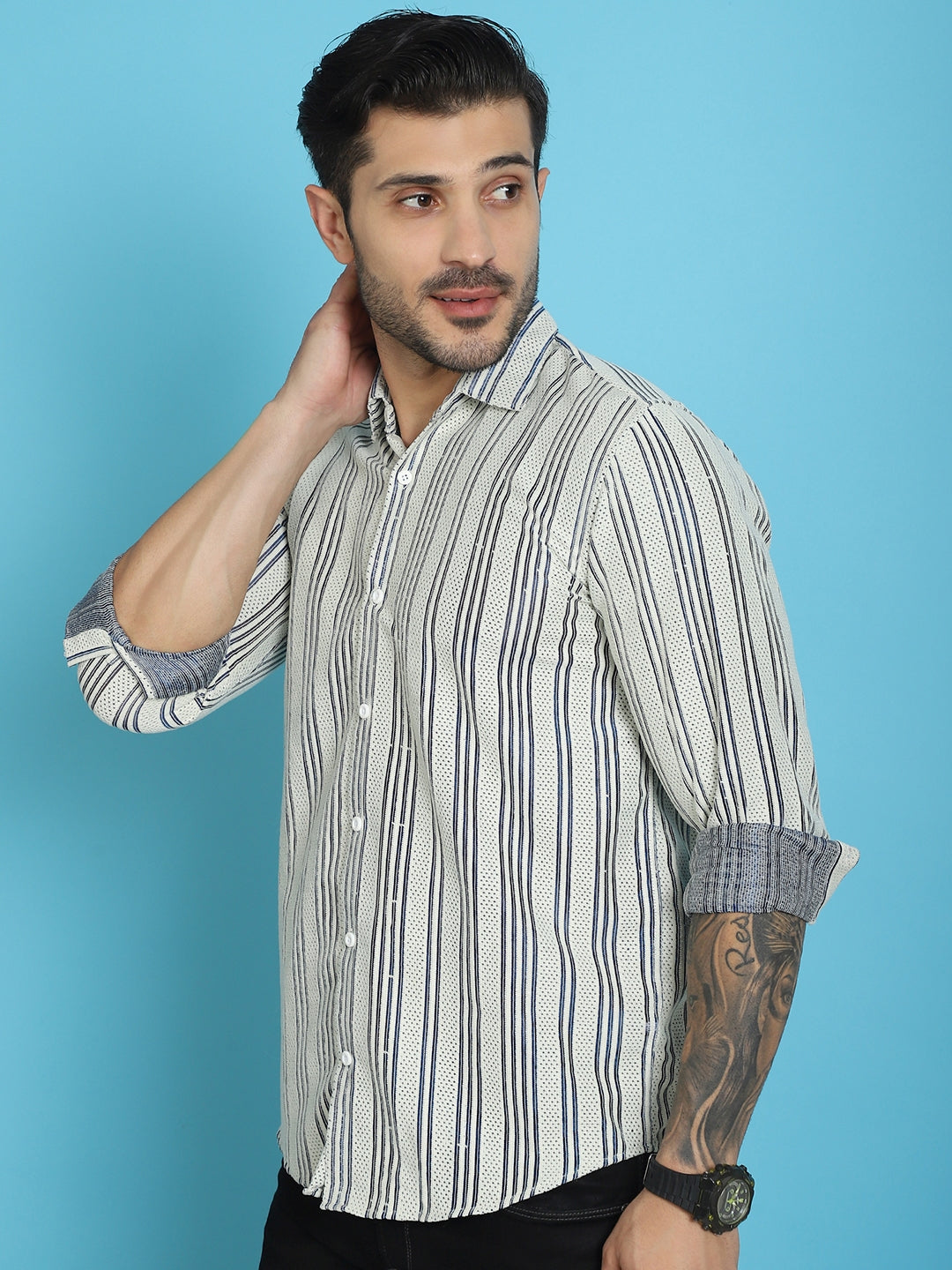 Indian Needle Men's Woven Design Cotton Shirt - Blue | Grocsy
