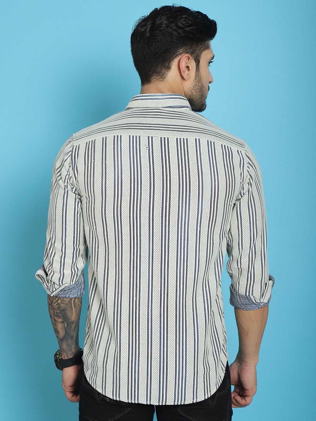 Indian Needle Men's Woven Design Cotton Shirt - Blue | Grocsy