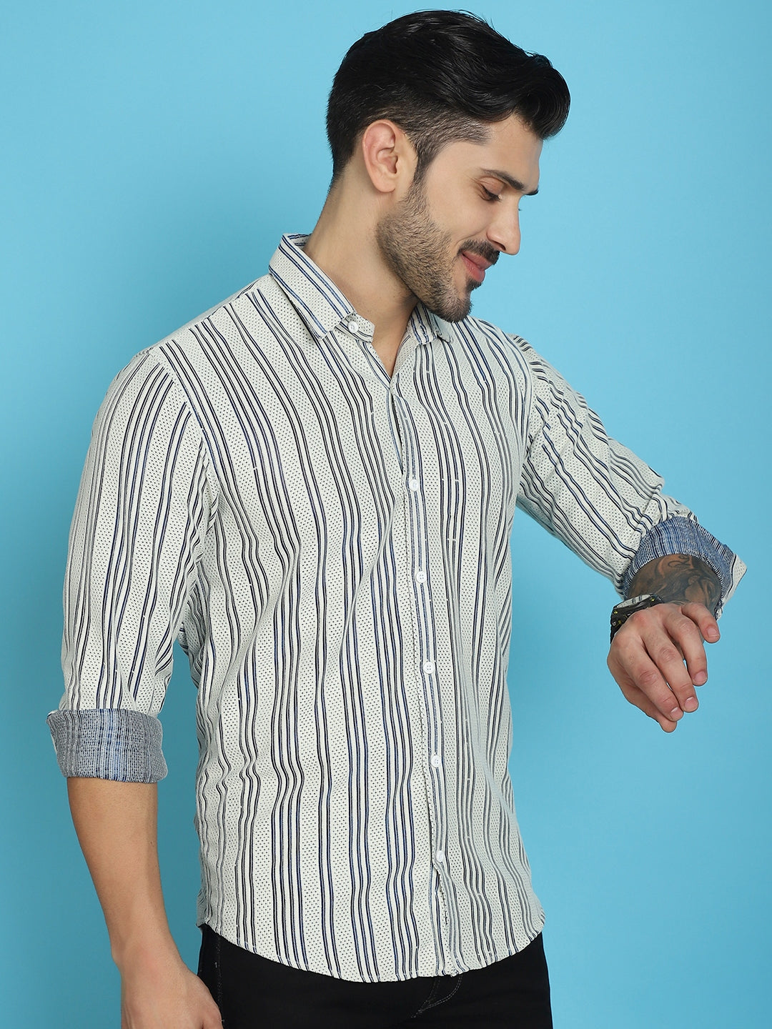 Indian Needle Men's Woven Design Cotton Shirt - Blue | Grocsy