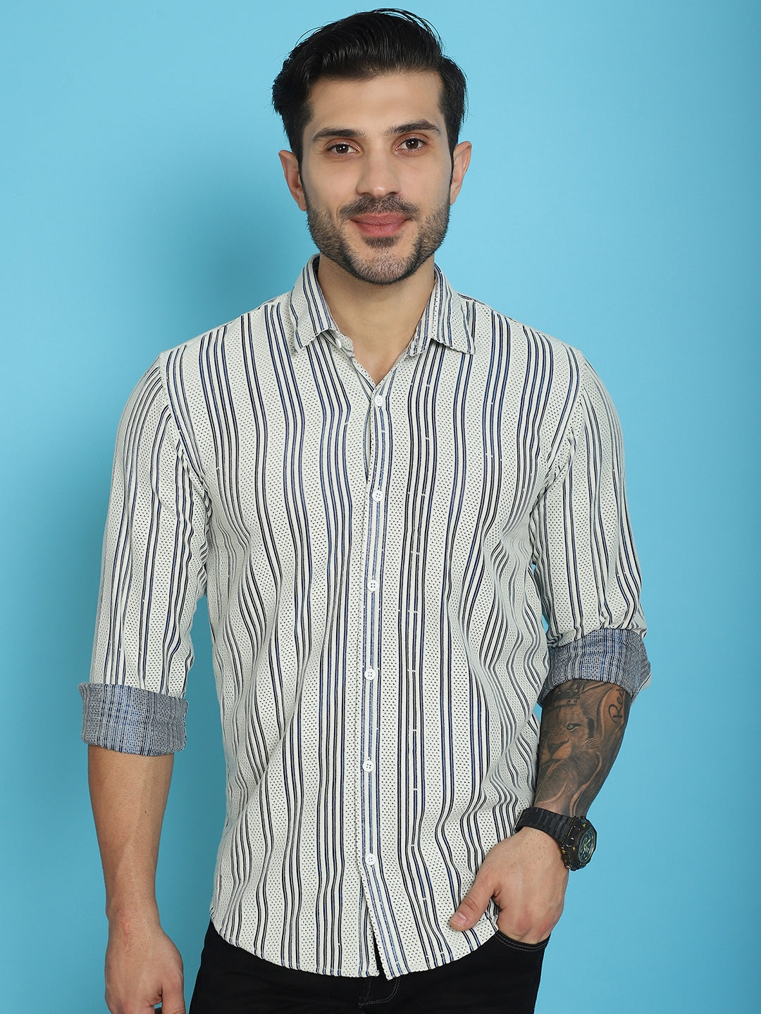 Indian Needle Men's Woven Design Cotton Shirt - Blue | Grocsy