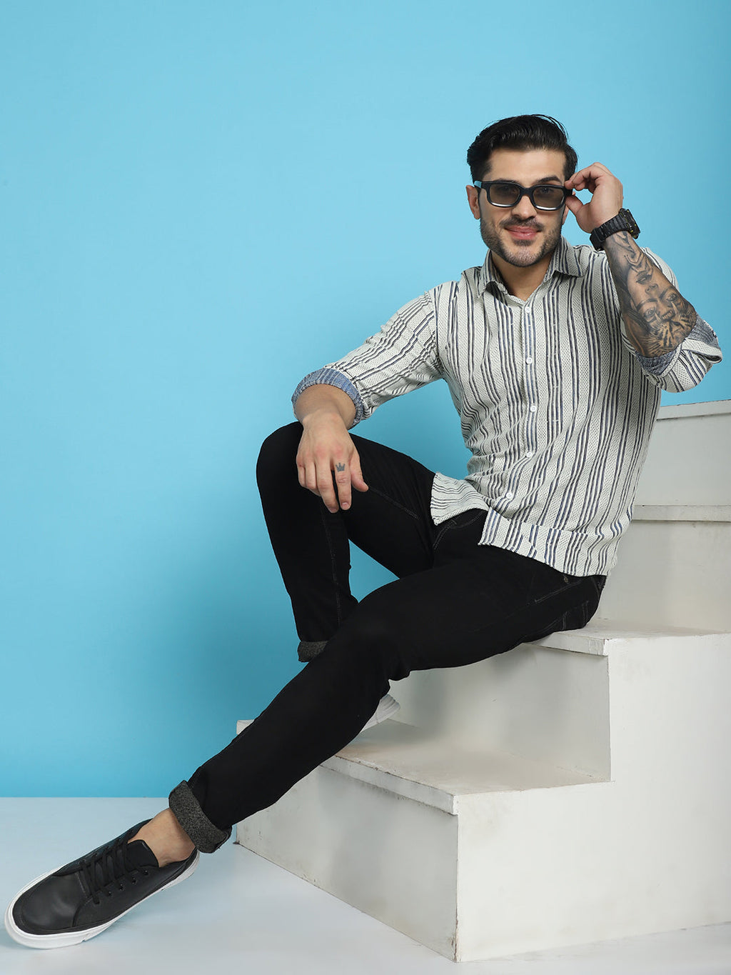 Indian Needle Men's Woven Design Cotton Shirt - Blue | Grocsy