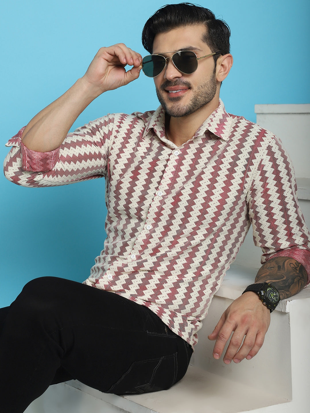 Indian Needle Men's Woven Design Cotton Shirt - Maroon | Grocsy