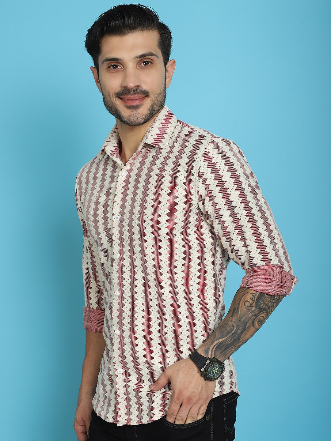 Indian Needle Men's Woven Design Cotton Shirt - Maroon | Grocsy