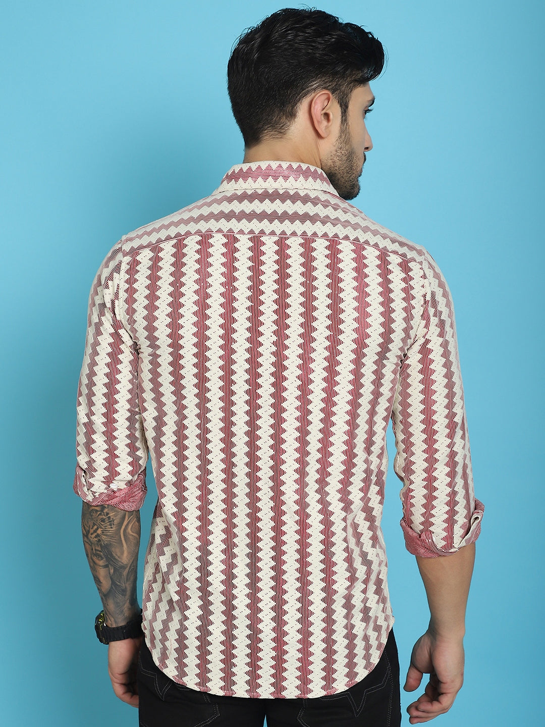 Indian Needle Men's Woven Design Cotton Shirt - Maroon | Grocsy
