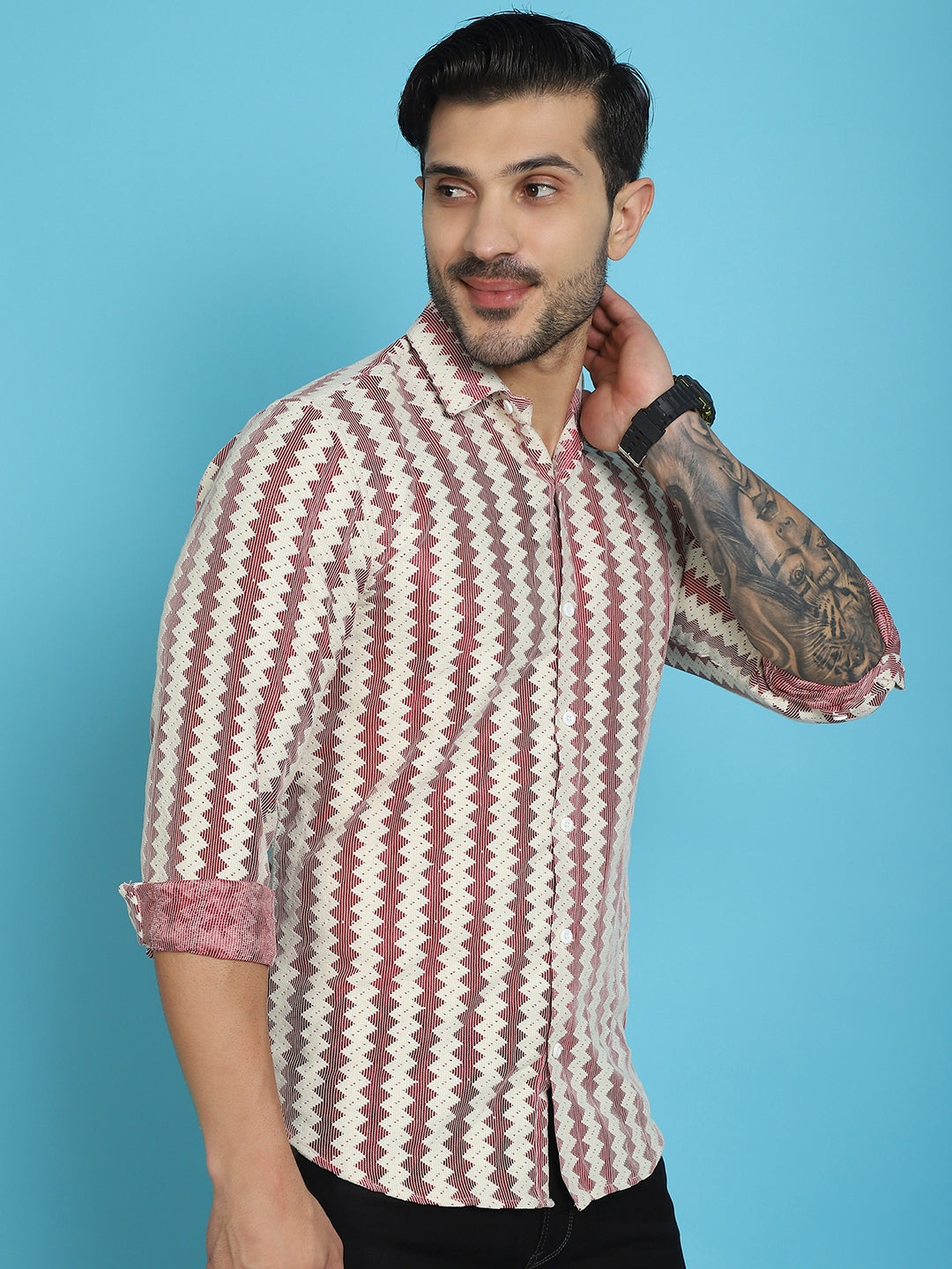 Indian Needle Men's Woven Design Cotton Shirt - Maroon | Grocsy