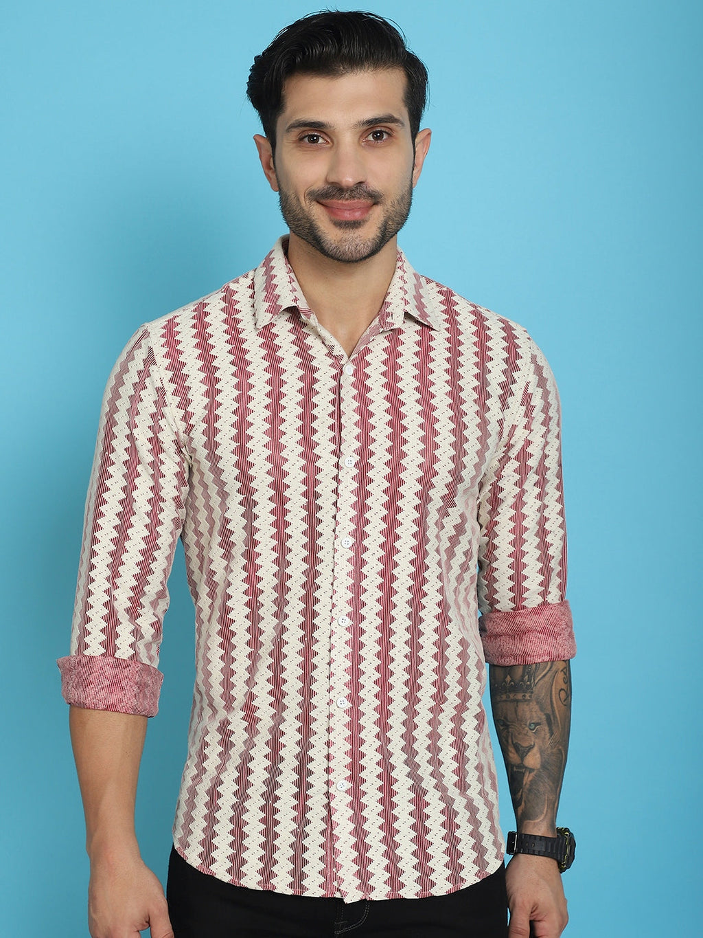 Indian Needle Men's Woven Design Cotton Shirt - Maroon | Grocsy