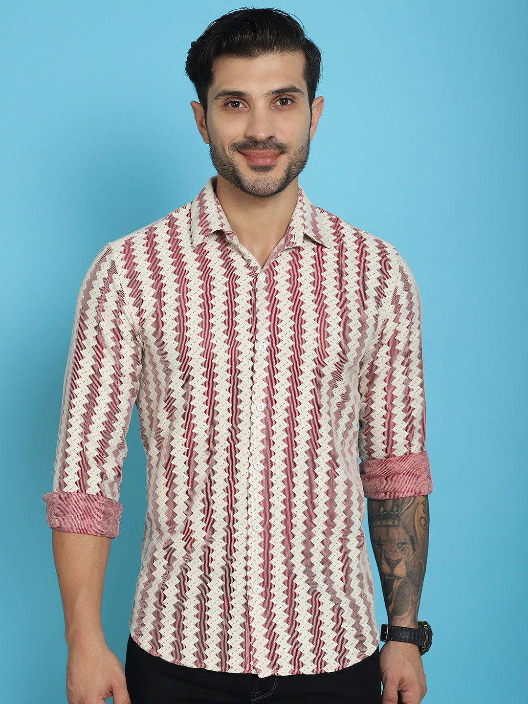 Indian Needle Men's Woven Design Cotton Shirt - Maroon | Grocsy