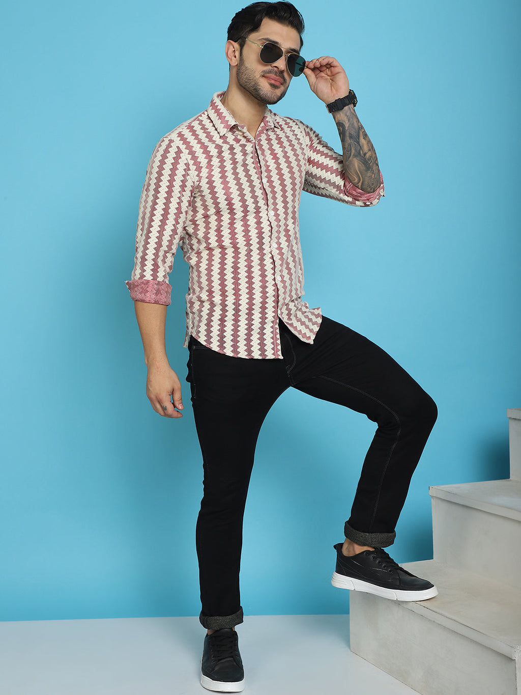 Indian Needle Men's Woven Design Cotton Shirt - Maroon | Grocsy