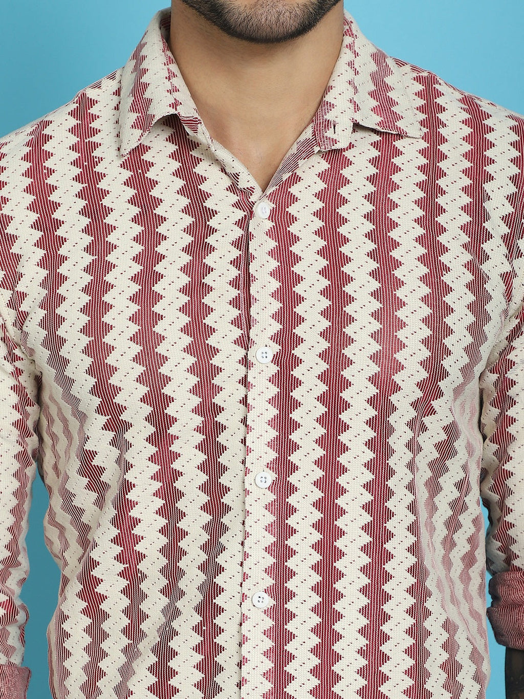 Indian Needle Men's Woven Design Cotton Shirt - Maroon | Grocsy