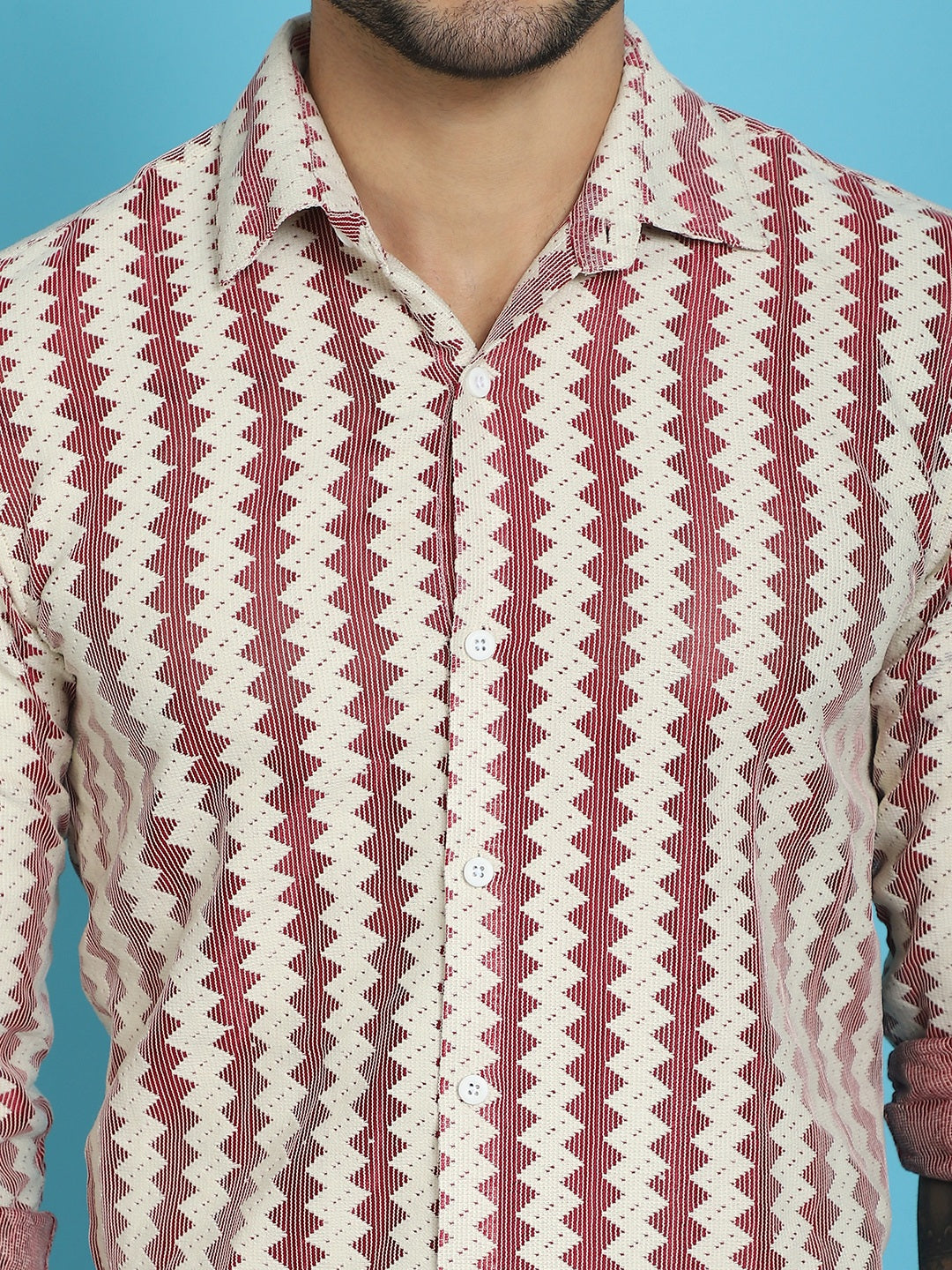 Indian Needle Men's Woven Design Cotton Shirt - Maroon | Grocsy