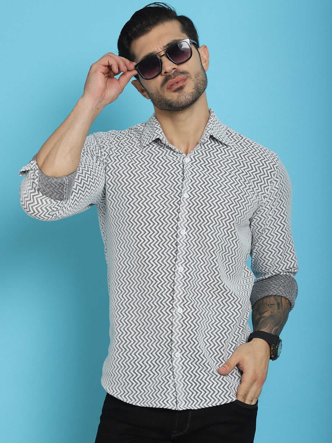 Indian Needle Men's Woven Design Cotton Shirt - White | Grocsy
