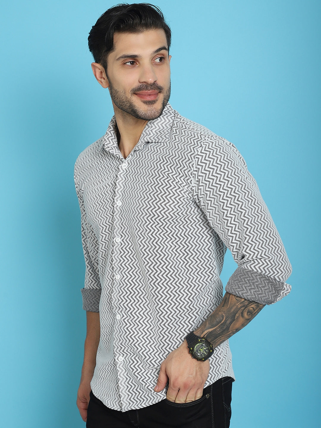 Indian Needle Men's Woven Design Cotton Shirt - White | Grocsy