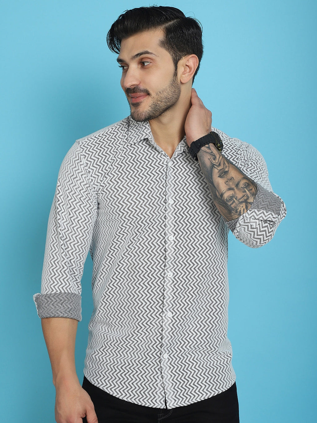 Indian Needle Men's Woven Design Cotton Shirt - White | Grocsy