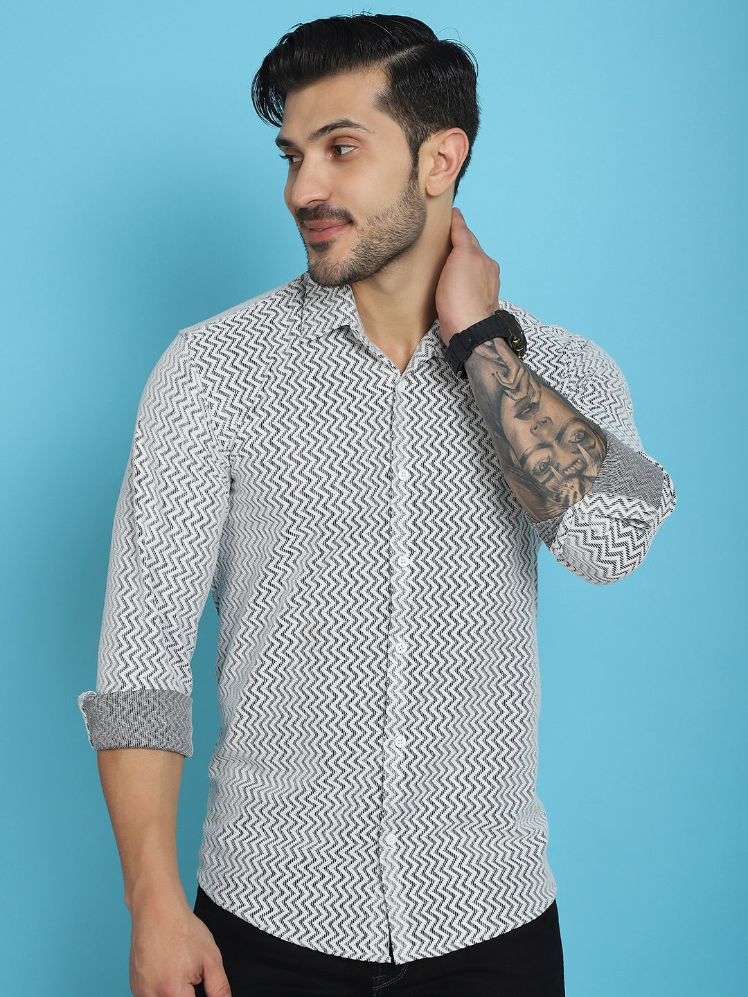 Indian Needle Men's Woven Design Cotton Shirt - White | Grocsy