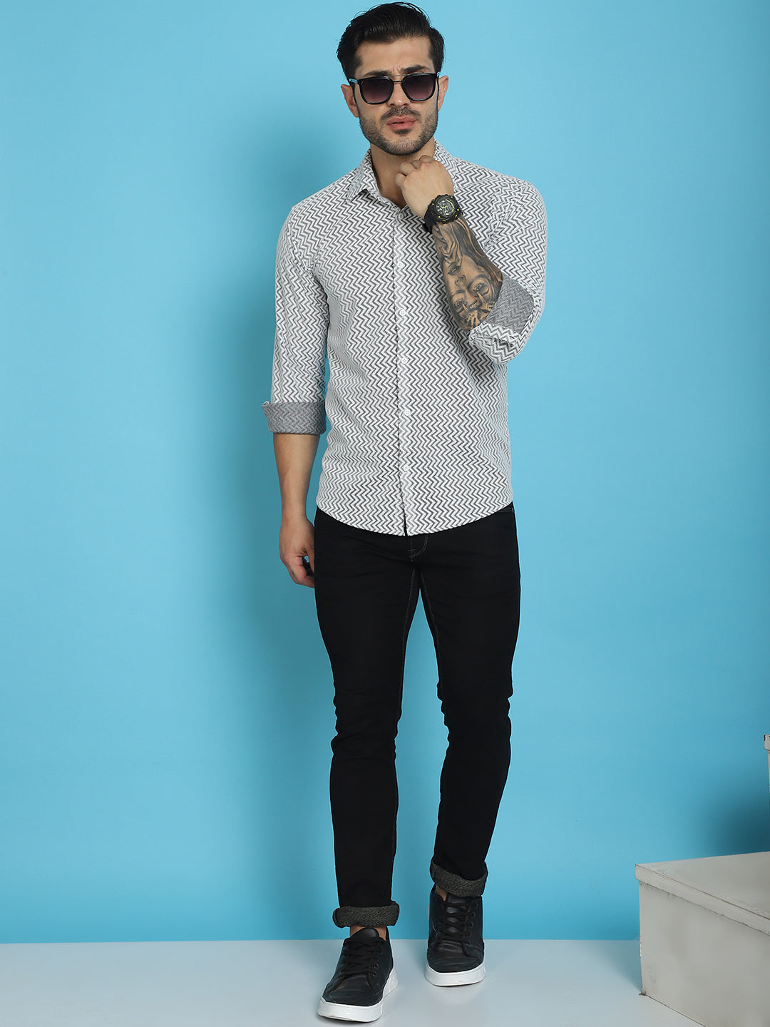Indian Needle Men's Woven Design Cotton Shirt - White | Grocsy