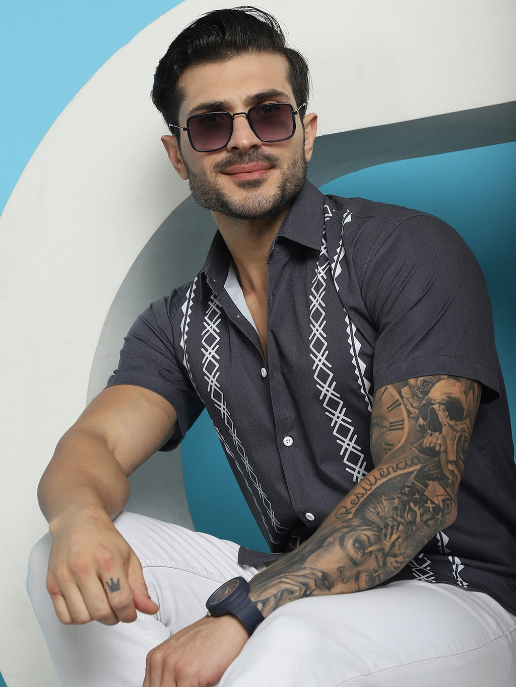 Indian Needle Men's Printed Half Sleeve Lycra Shirt - Charcoal | Grocsy