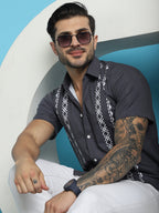 Indian Needle Men's Printed Half Sleeve Lycra Shirt - Charcoal | Grocsy