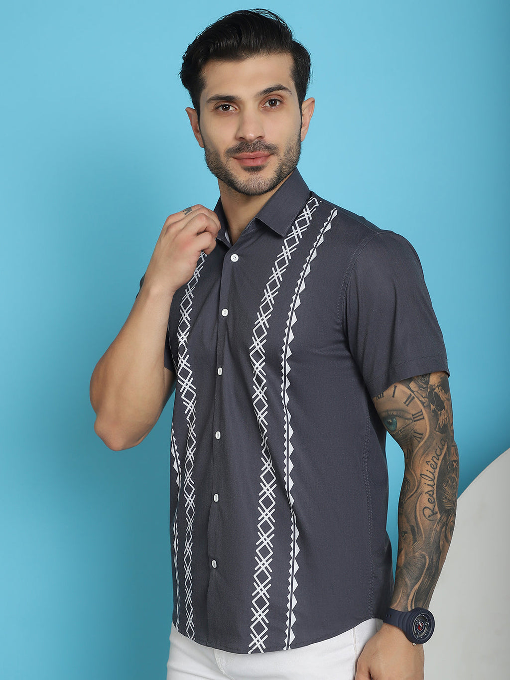 Indian Needle Men's Printed Half Sleeve Lycra Shirt - Charcoal | Grocsy