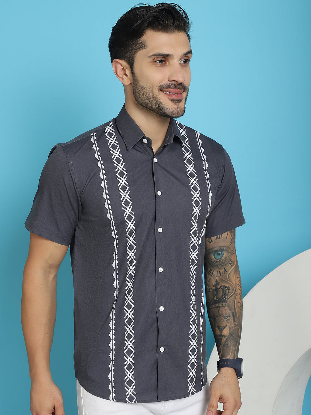 Indian Needle Men's Printed Half Sleeve Lycra Shirt - Charcoal | Grocsy