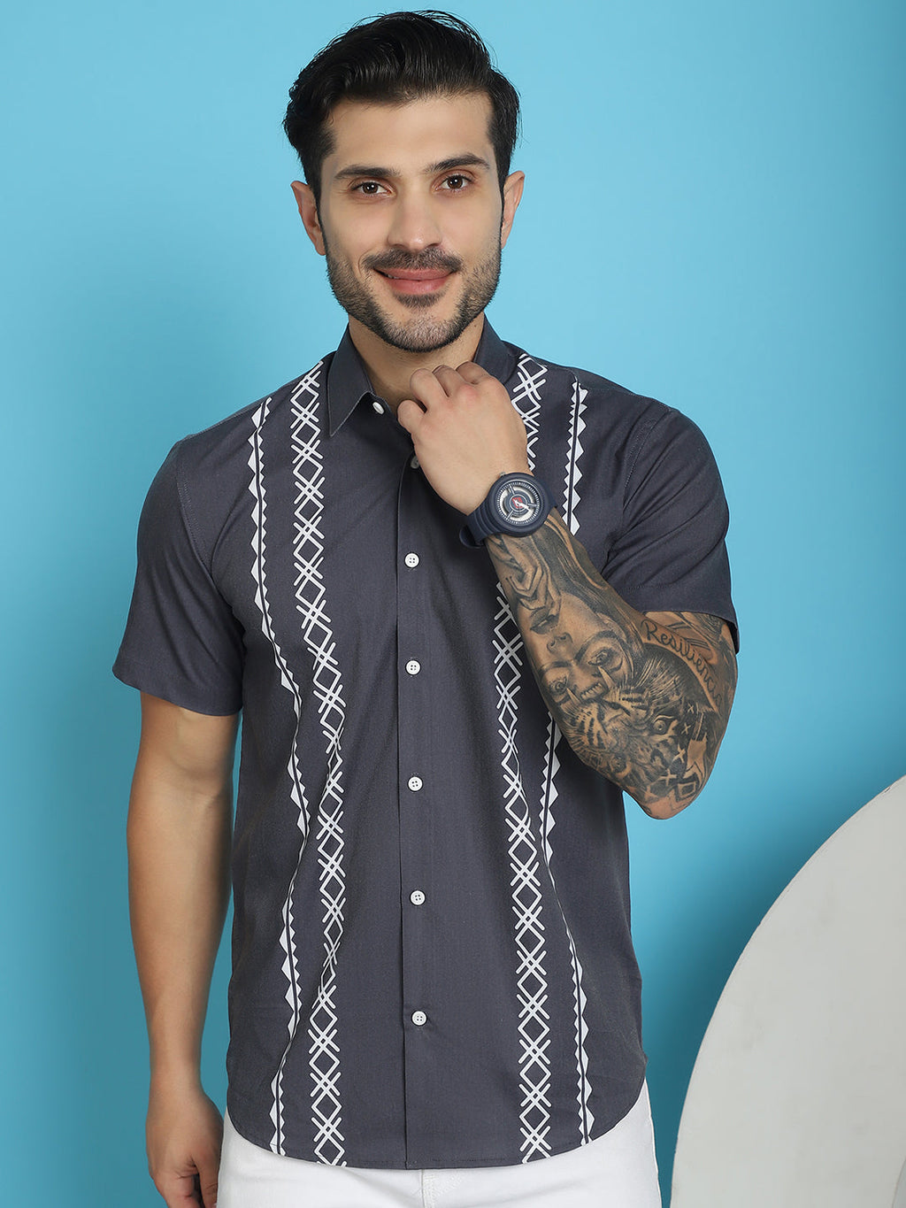 Indian Needle Men's Printed Half Sleeve Lycra Shirt - Charcoal | Grocsy