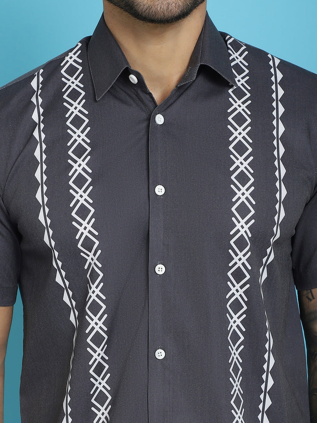 Indian Needle Men's Printed Half Sleeve Lycra Shirt - Charcoal | Grocsy