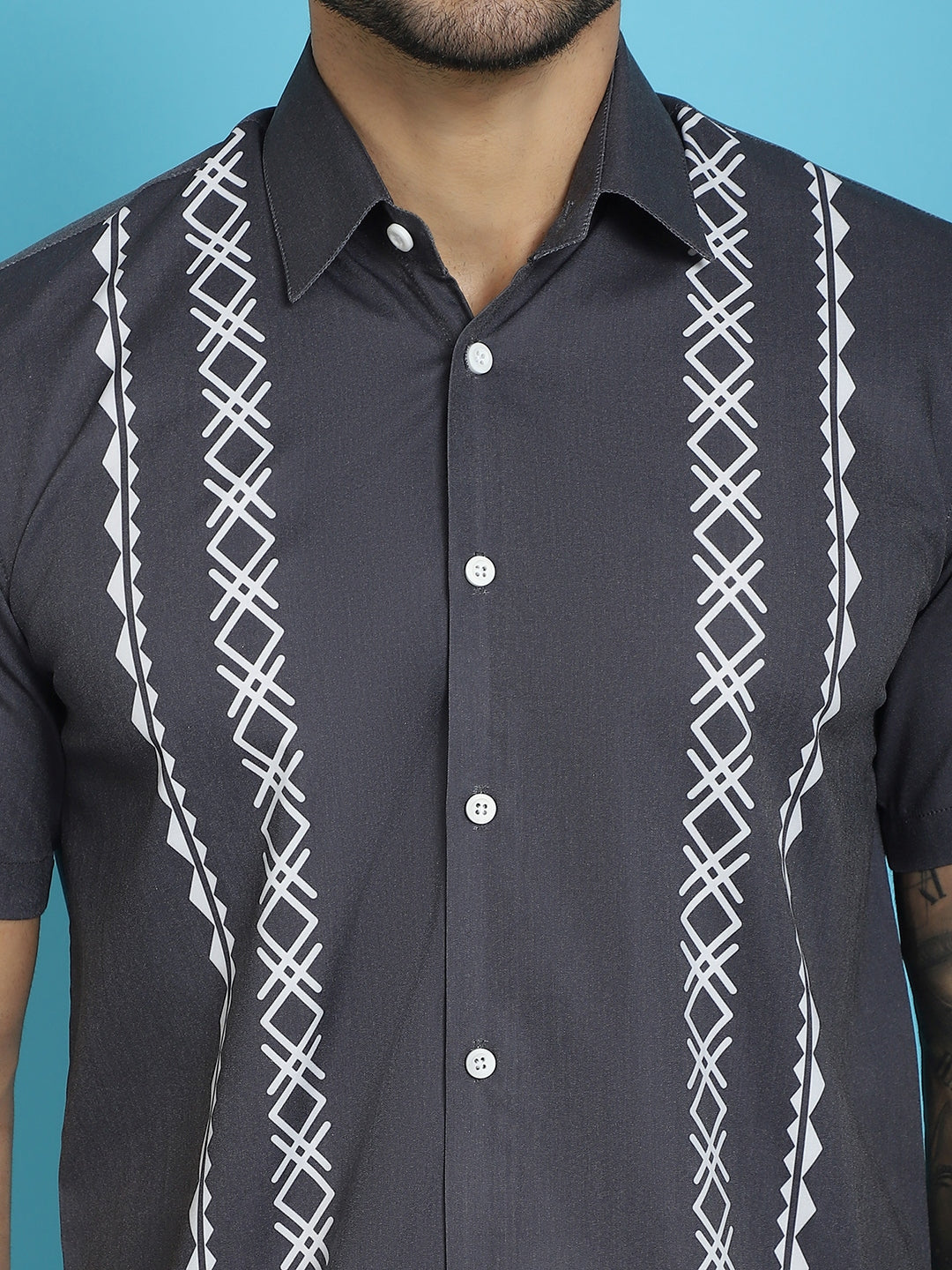 Indian Needle Men's Printed Half Sleeve Lycra Shirt - Charcoal | Grocsy
