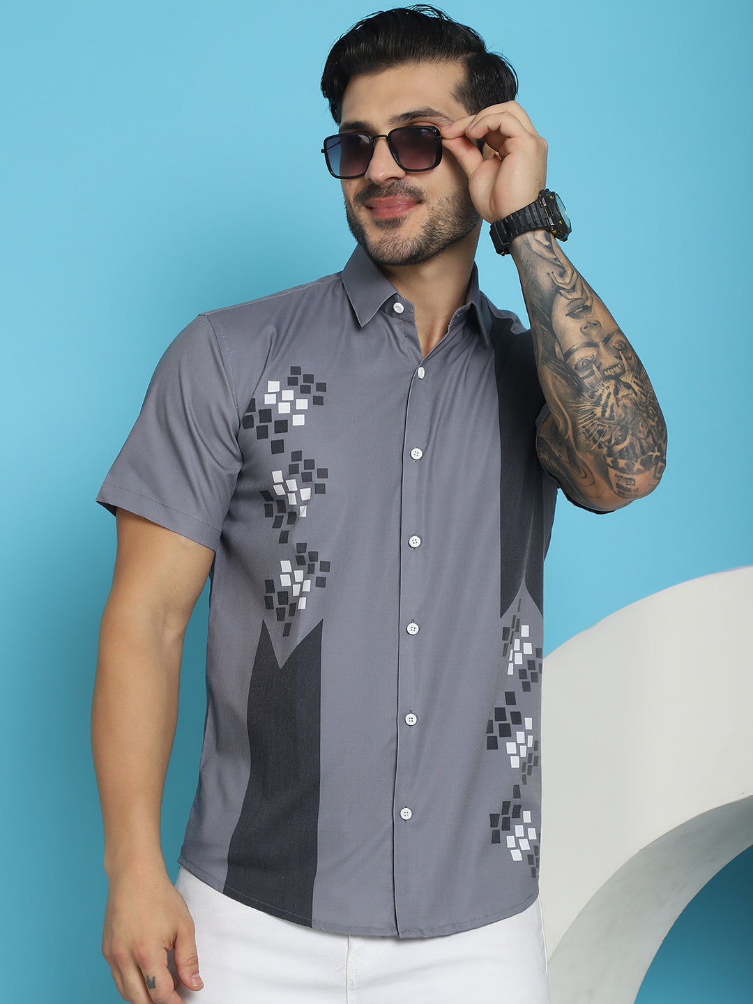 Indian Needle Men's Printed Half Sleeve Lycra Shirt - Grey | Grocsy