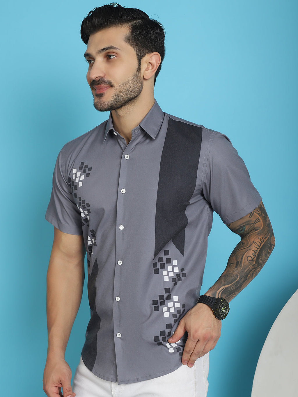 Indian Needle Men's Printed Half Sleeve Lycra Shirt - Grey | Grocsy