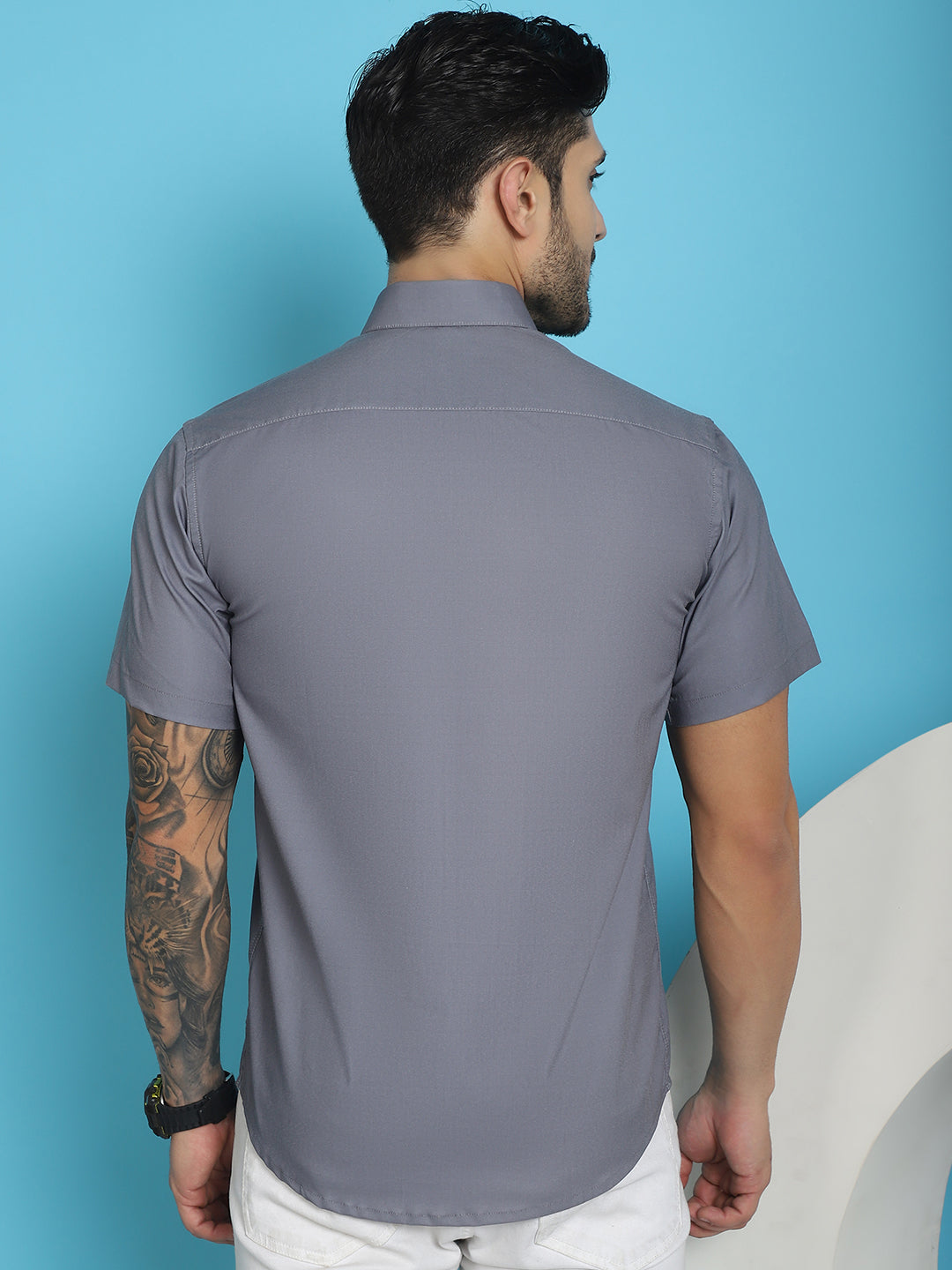 Indian Needle Men's Printed Half Sleeve Lycra Shirt - Grey | Grocsy