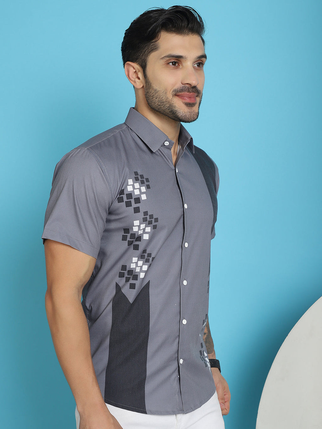 Indian Needle Men's Printed Half Sleeve Lycra Shirt - Grey | Grocsy