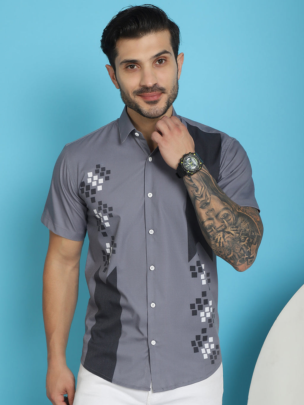 Indian Needle Men's Printed Half Sleeve Lycra Shirt - Grey | Grocsy