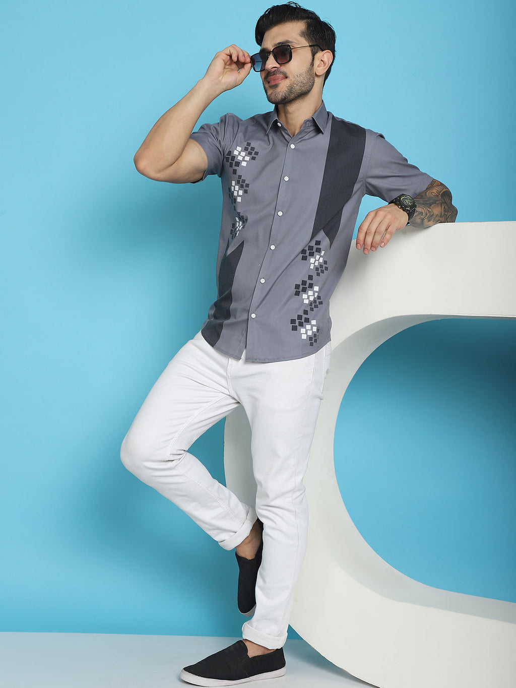 Indian Needle Men's Printed Half Sleeve Lycra Shirt - Grey | Grocsy