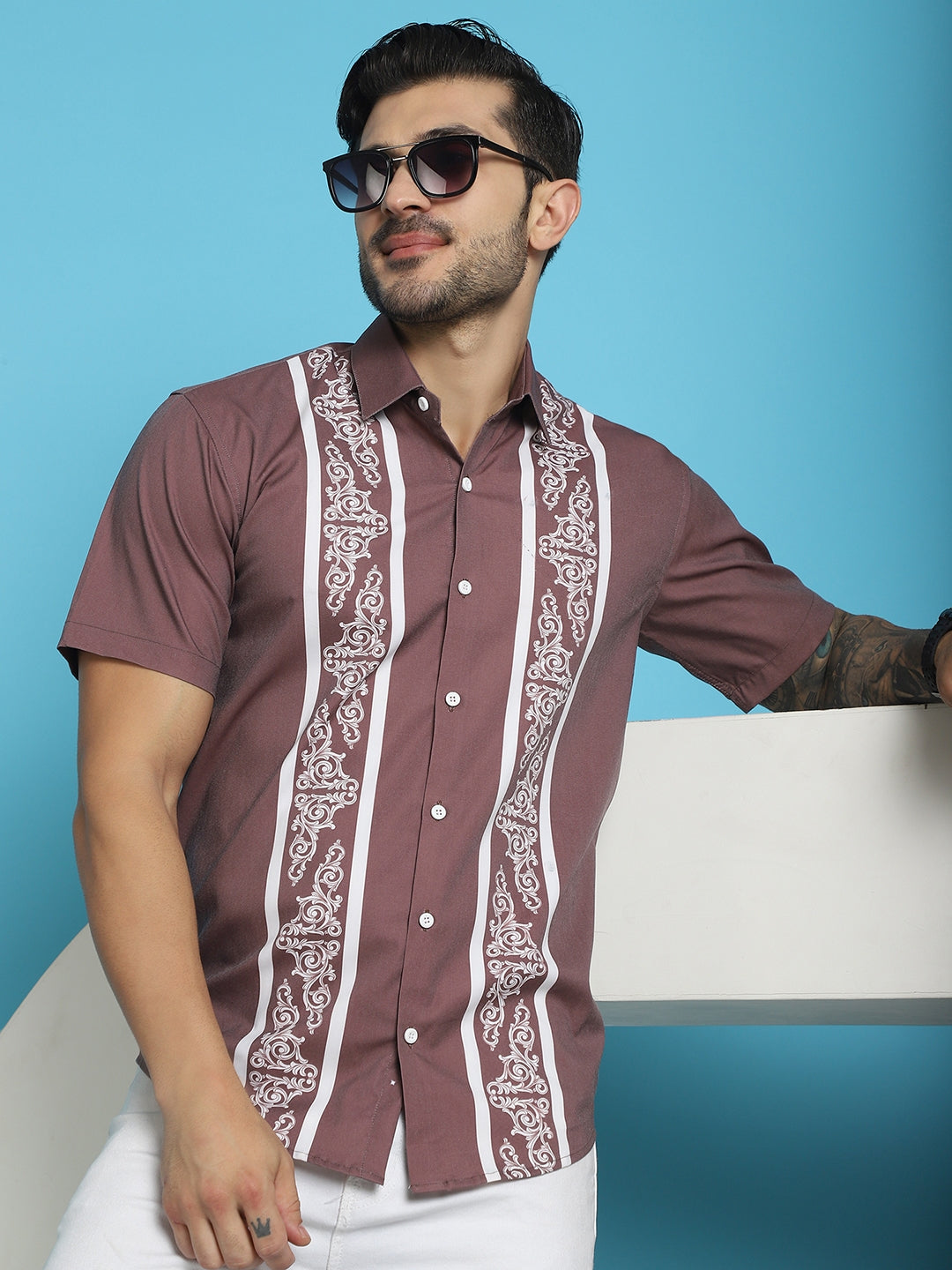 Indian Needle Men's Printed Half Sleeve Lycra Shirt - Magenta | Grocsy