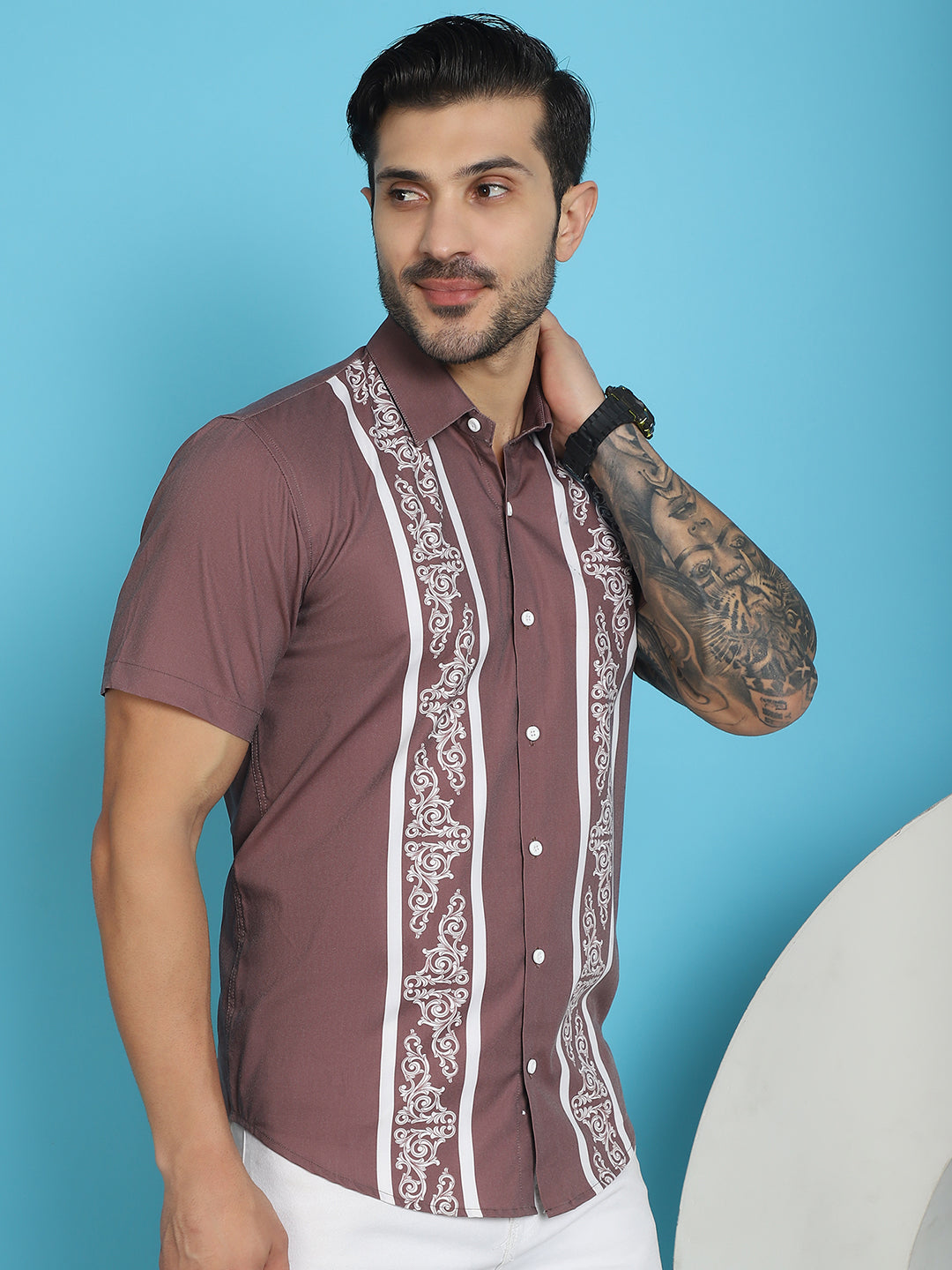 Indian Needle Men's Printed Half Sleeve Lycra Shirt - Magenta | Grocsy