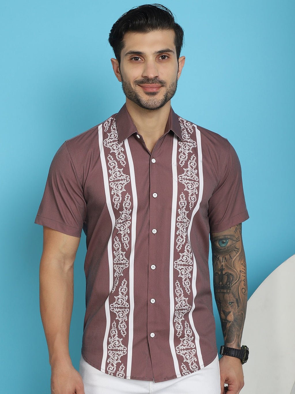 Indian Needle Men's Printed Half Sleeve Lycra Shirt - Magenta | Grocsy