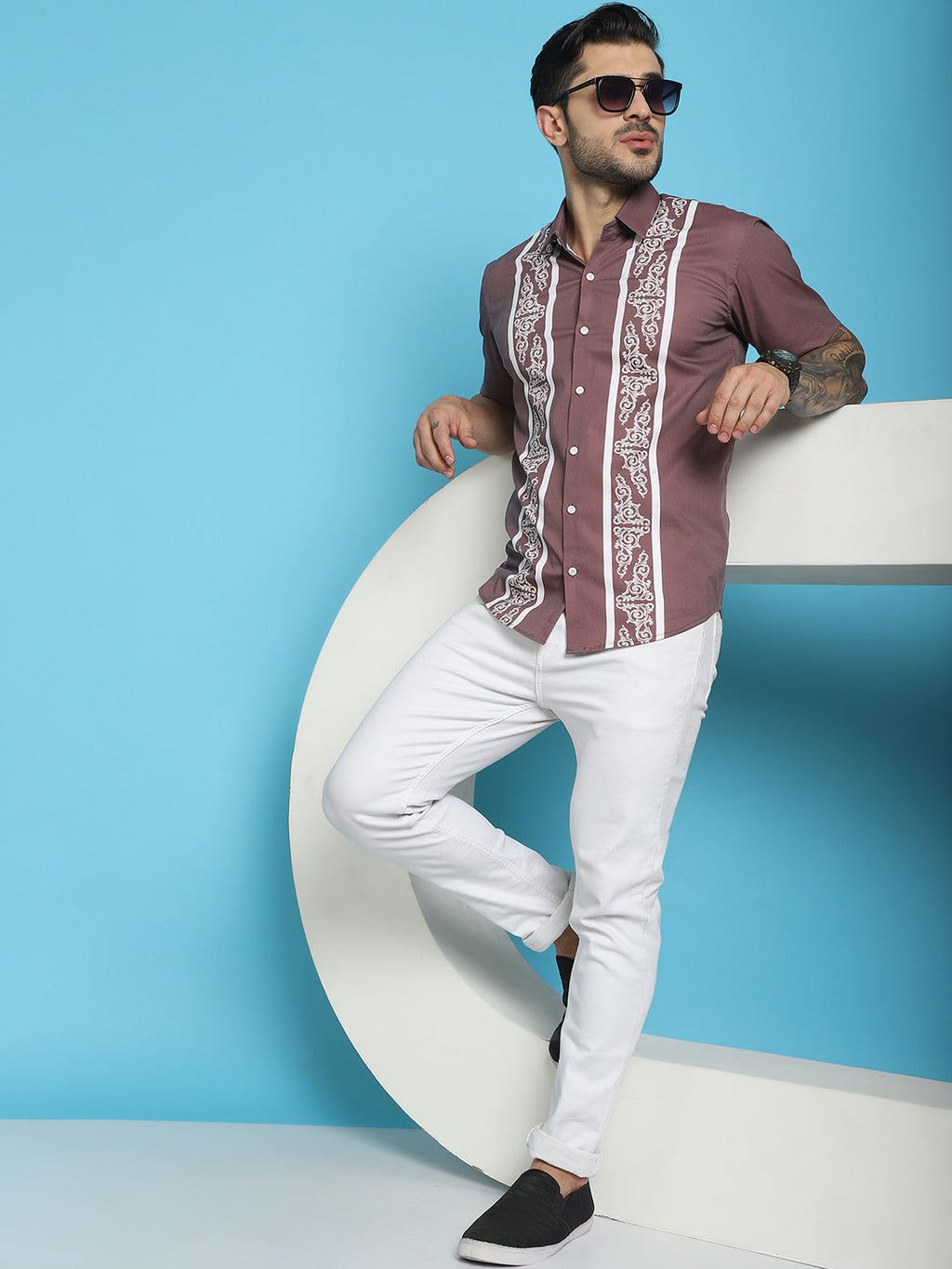 Indian Needle Men's Printed Half Sleeve Lycra Shirt - Magenta | Grocsy