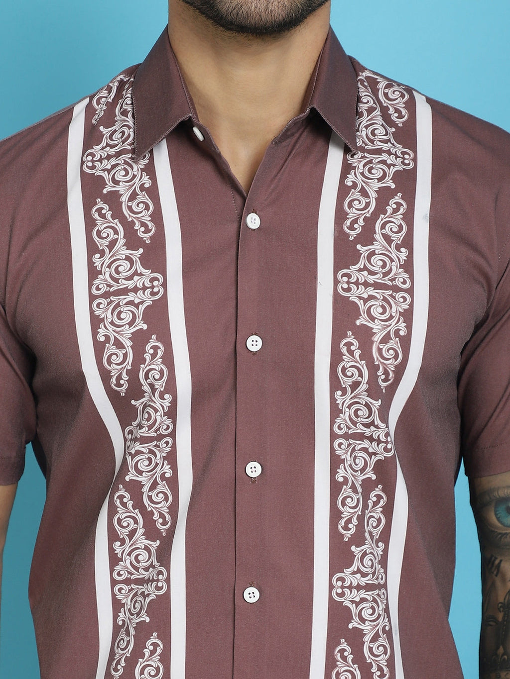 Indian Needle Men's Printed Half Sleeve Lycra Shirt - Magenta | Grocsy