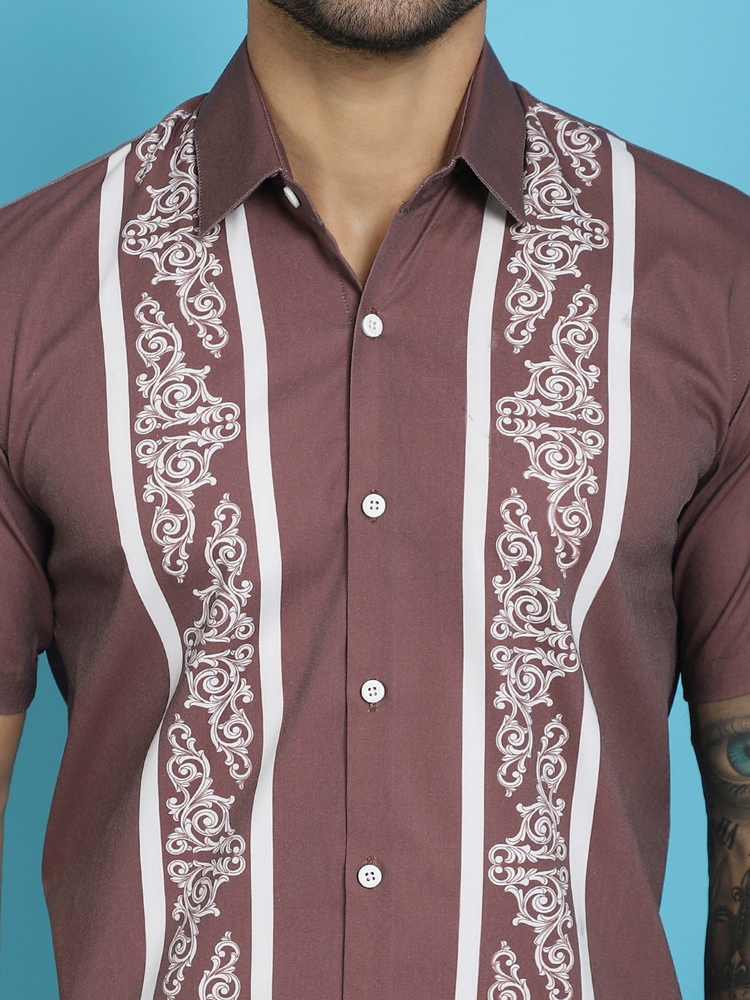 Indian Needle Men's Printed Half Sleeve Lycra Shirt - Magenta | Grocsy