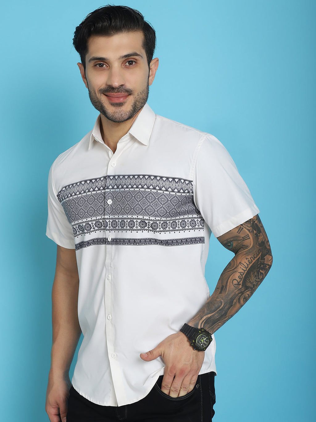Indian Needle Men's Printed Half Sleeve Lycra Shirt - White | Grocsy