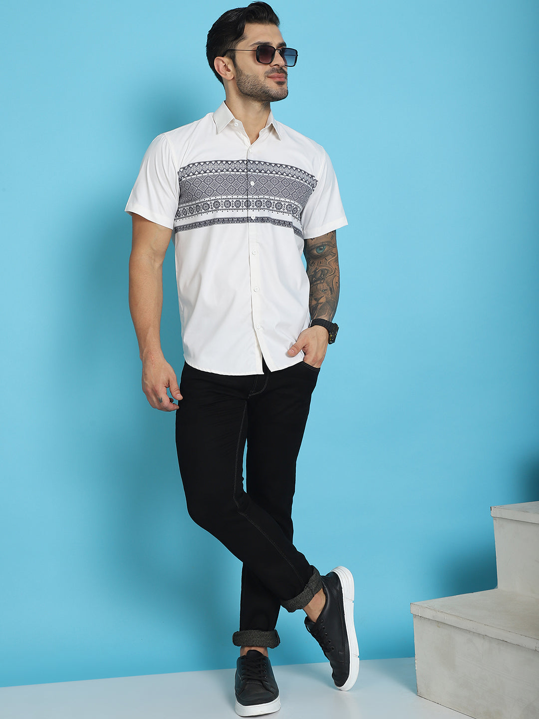 Indian Needle Men's Printed Half Sleeve Lycra Shirt - White | Grocsy
