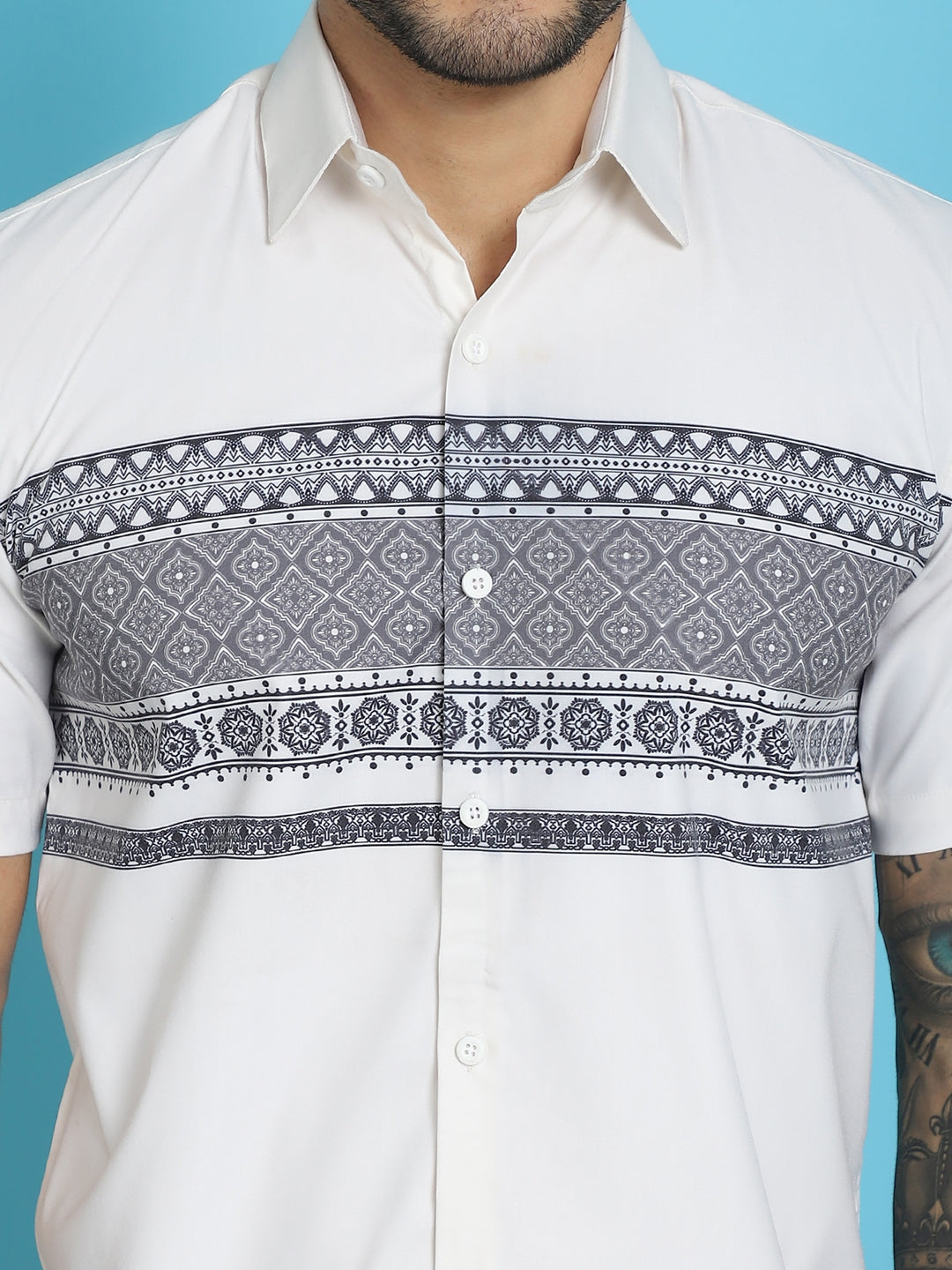 Indian Needle Men's Printed Half Sleeve Lycra Shirt - White | Grocsy